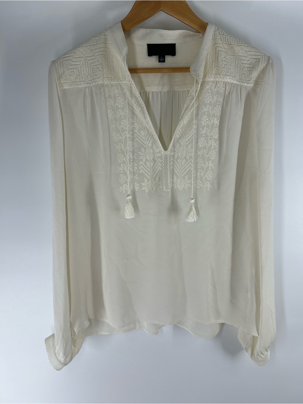 Nili Lotan Silk Ivory Embroidered Tassel V-Neck Blouse